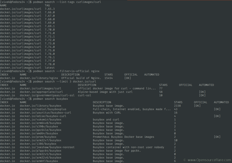 Podman listing images using search command