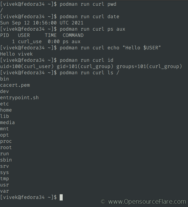 Running curl pods or containers using the run command