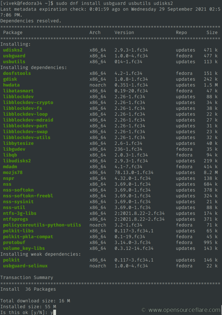 Use dnf to install usbguard, usbutils, and udisks2 packages on RHEL, Fedora and Friends